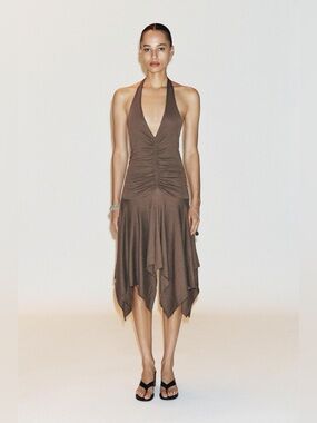 Zara Halter Ruched Bohemian Cotton Brown Midi Flowy Dress